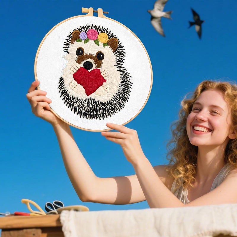 Crafmanoe Cute Hedgehog Embroidery Kits for Beginners Adults, Animals Embroidery Starter Kits, Counted Cross Stitch Kits for Beginners DIY Craft Kits for Adults Women, Embroidery Hoops, Thread & Video Tutorial - Image 5